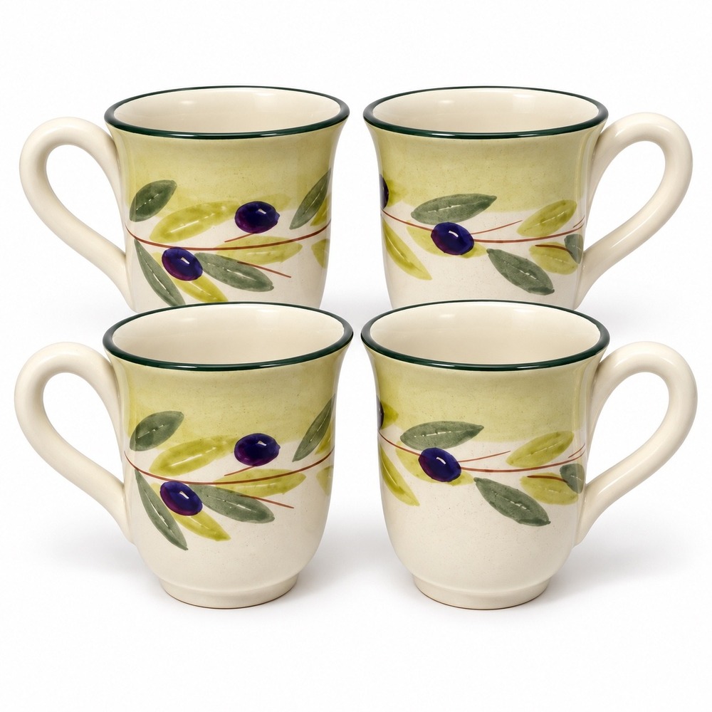 Bizzirri Italy Hand Painted Olive Coffee Mugs Set of 4 Green Rim Tuscany Style